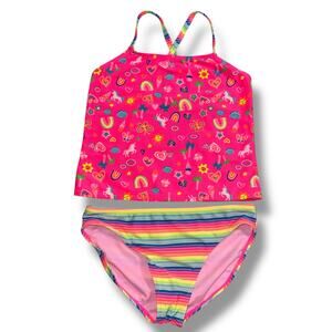 Wonder Nation Girls Tankini Swimsuit 2 Piece Set Rainbow Unicorn Stripes XL